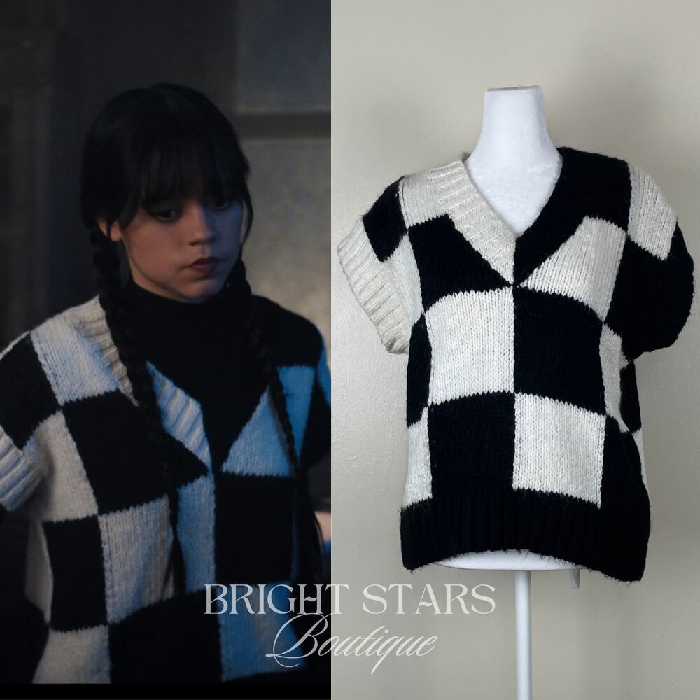 Rare Checkerboard Sweater Vest ASO Wednesday Addams Black White Cosplay